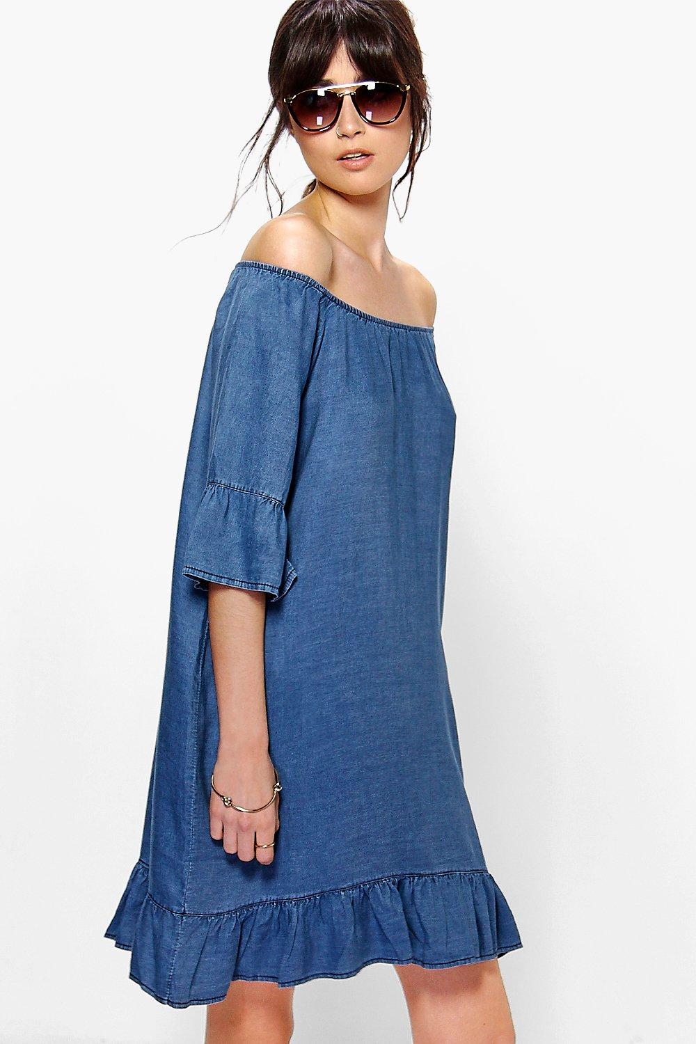 boohoo off the shoulder denim dress