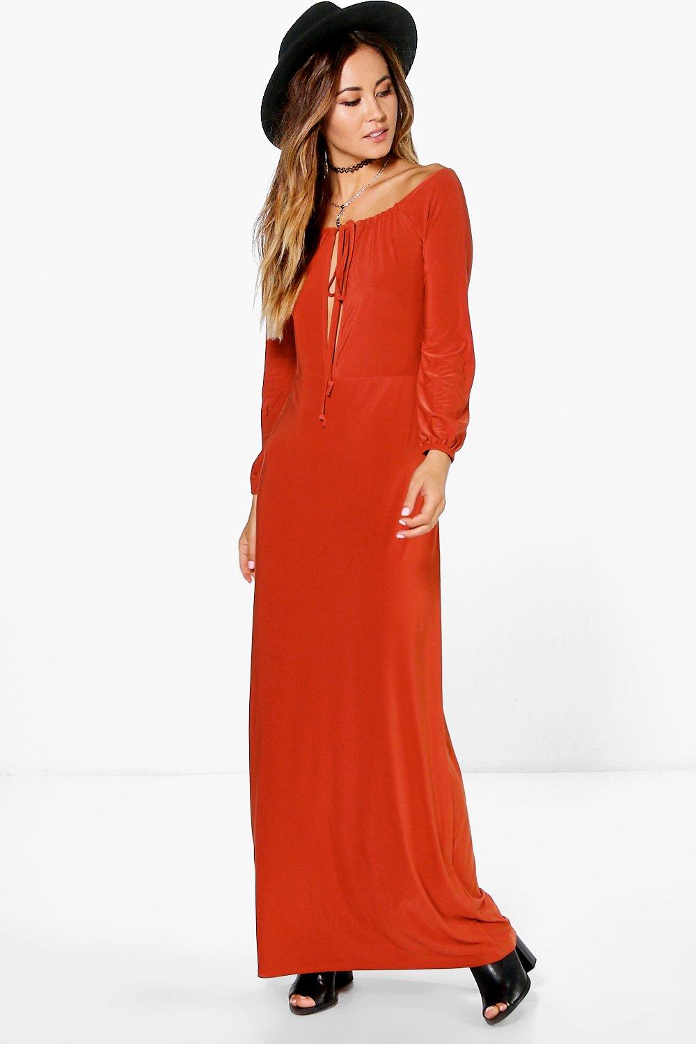 boohoo off the shoulder maxi dress