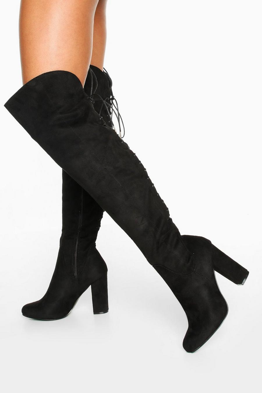 Black Lace Back Block Heel Over The Knee High Boots image number 1
