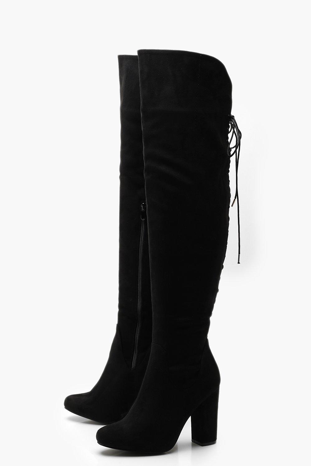 tie back over knee block heeled boots