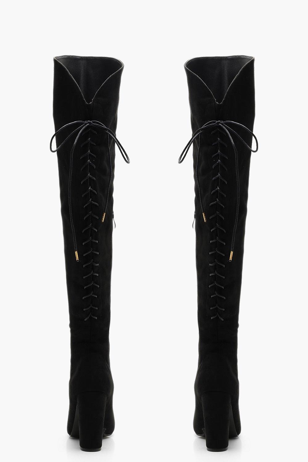 Lace Back Block Heel Over The Knee High Boots