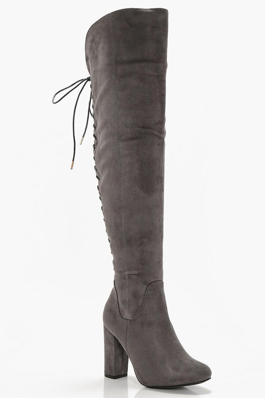 Grey Lace Back Block Heel Over The Knee High Boots
