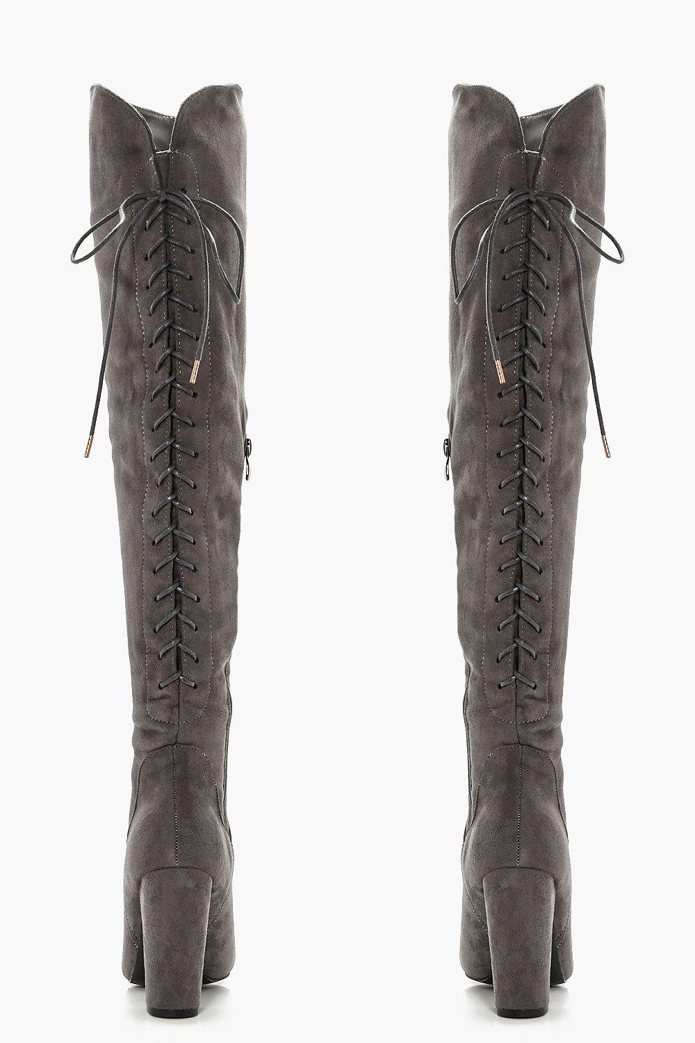 Lace back block heel hotsell over the knee boots