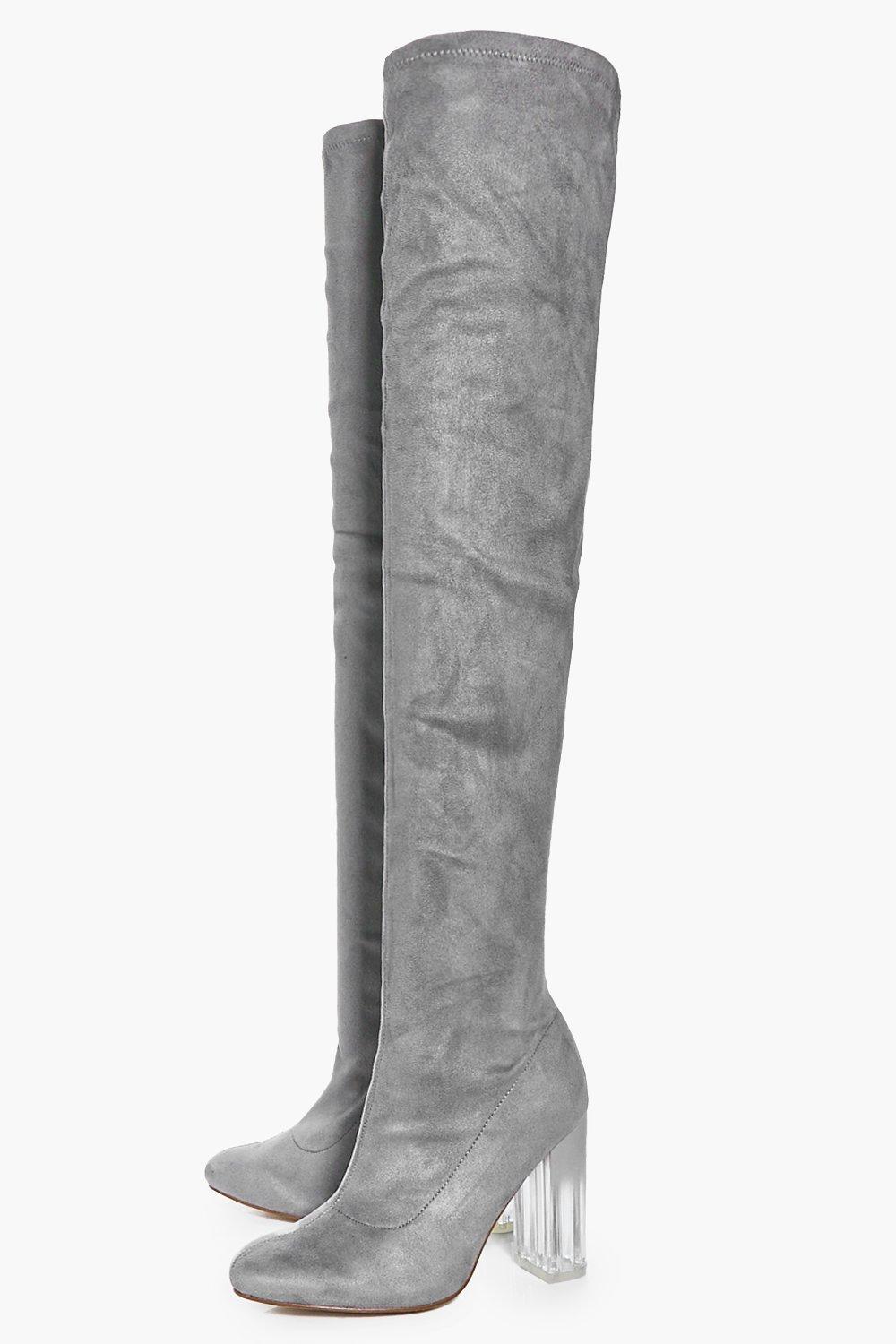 thigh high boots with clear heel