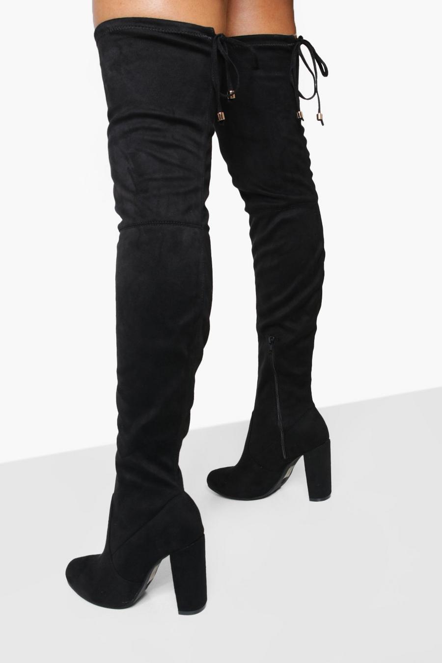Black Block Heel Tie Back Thigh High Boots image number 1