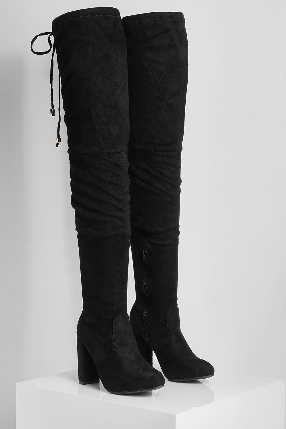 black knee high boots tie back