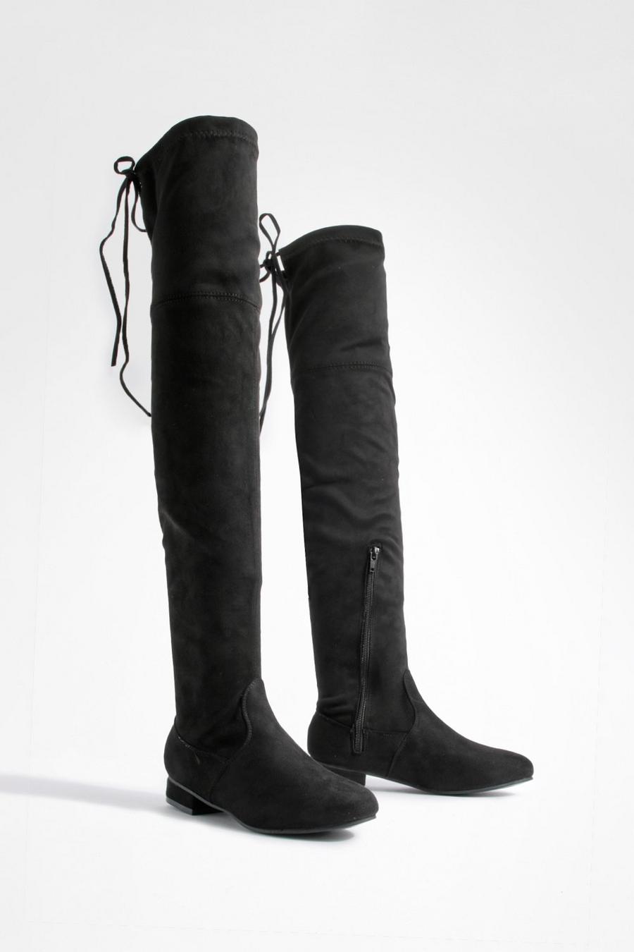 Black schwarz Flat Tie Back Thigh High Boots