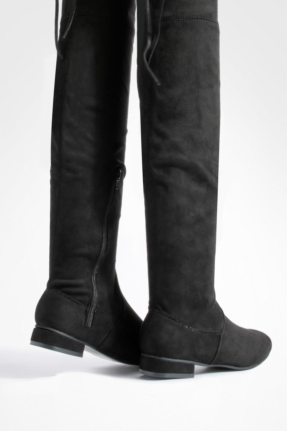 flat tie back thigh high boots