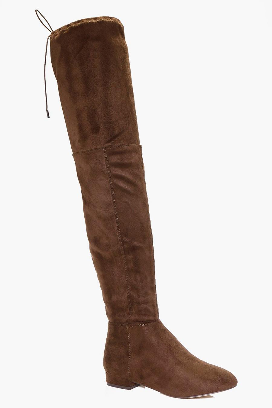 Mocha Flat Tie Back Thigh High Boots image number 1