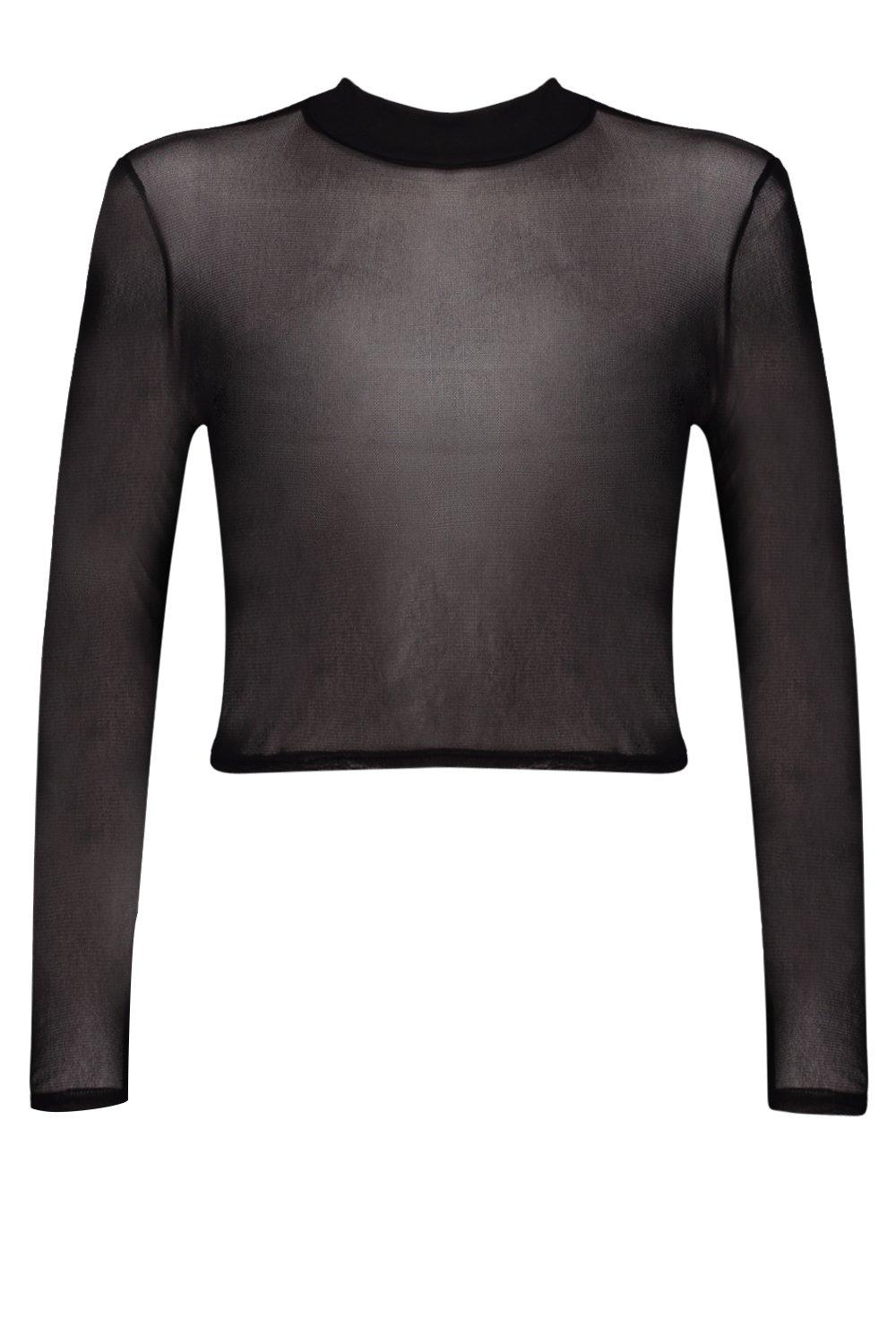 Black Crop Top - Mesh Top - Long Sleeve Top - Mock Neck Top - Lulus