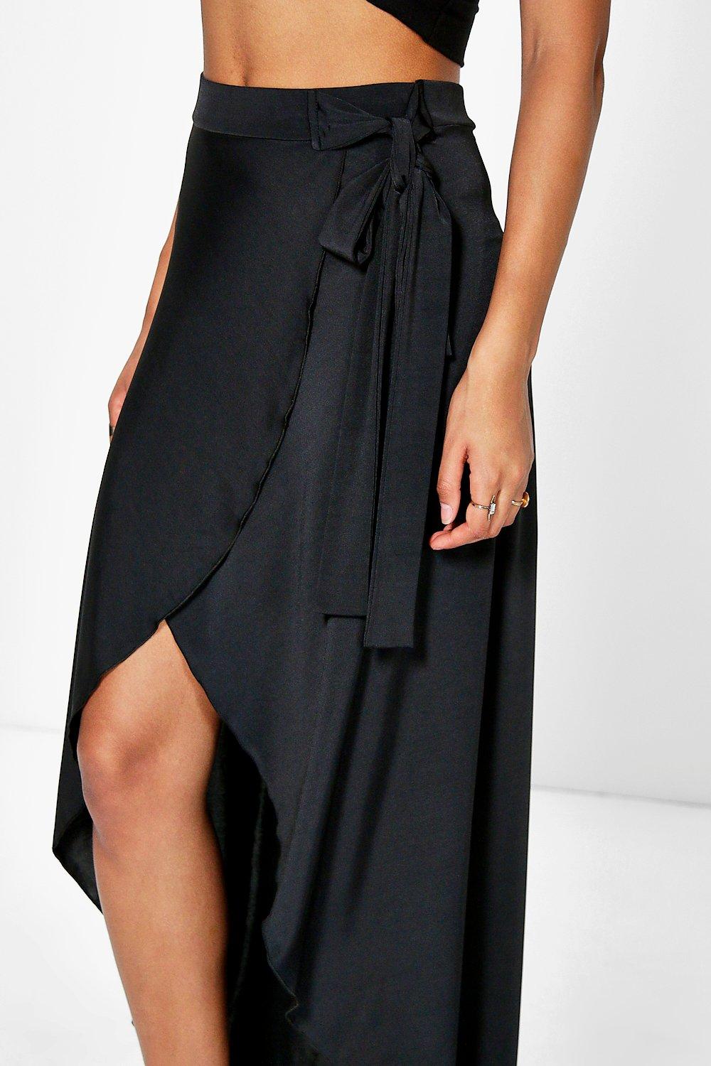 Aila Tie Waist Dipped Hem Slinky Maxi Skirt boohoo CA