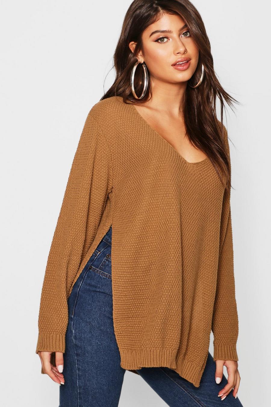 Camel V Neck Side Split Tunic Sweater image number 1