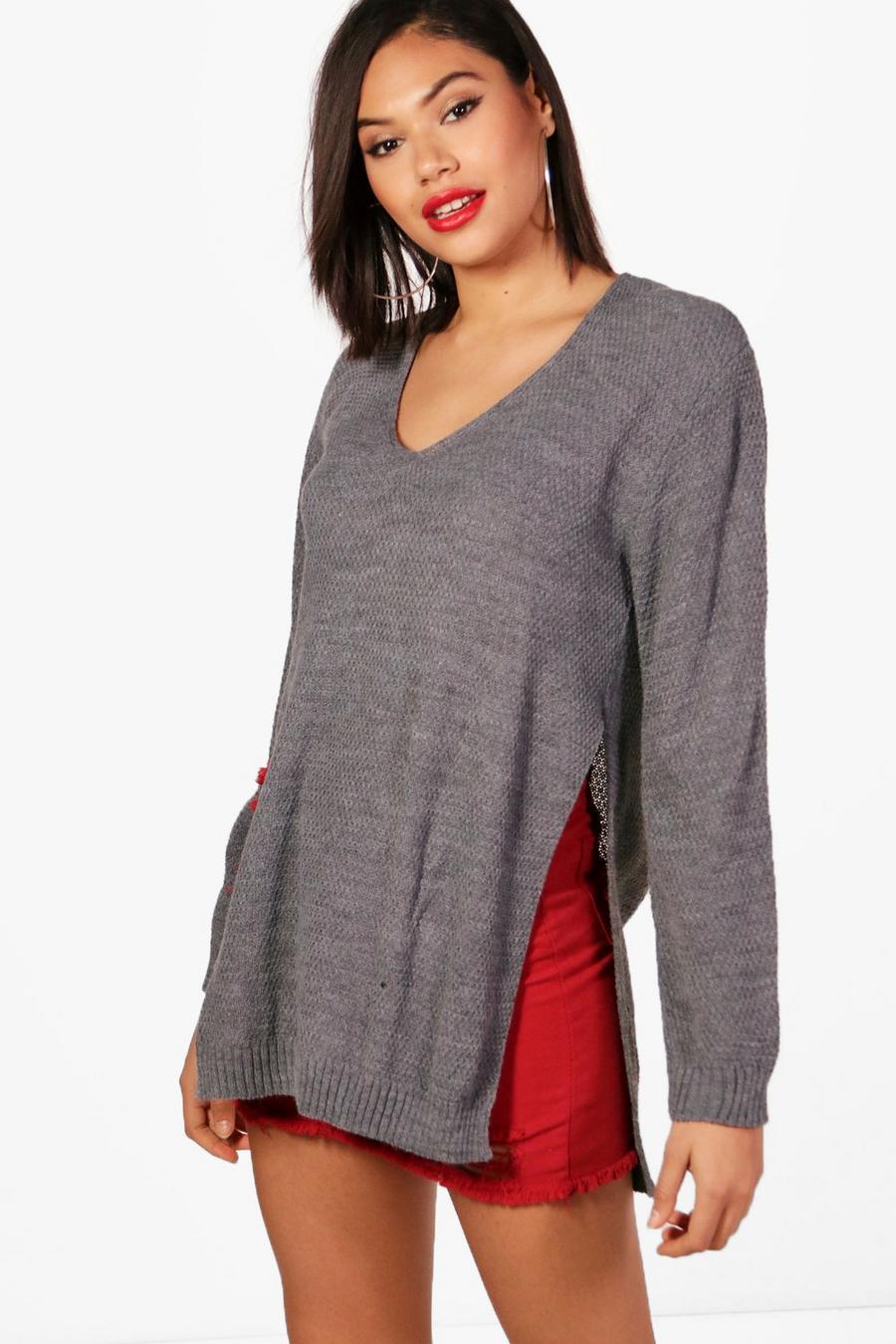 Grey V Neck Side Split Tunic Sweater image number 1