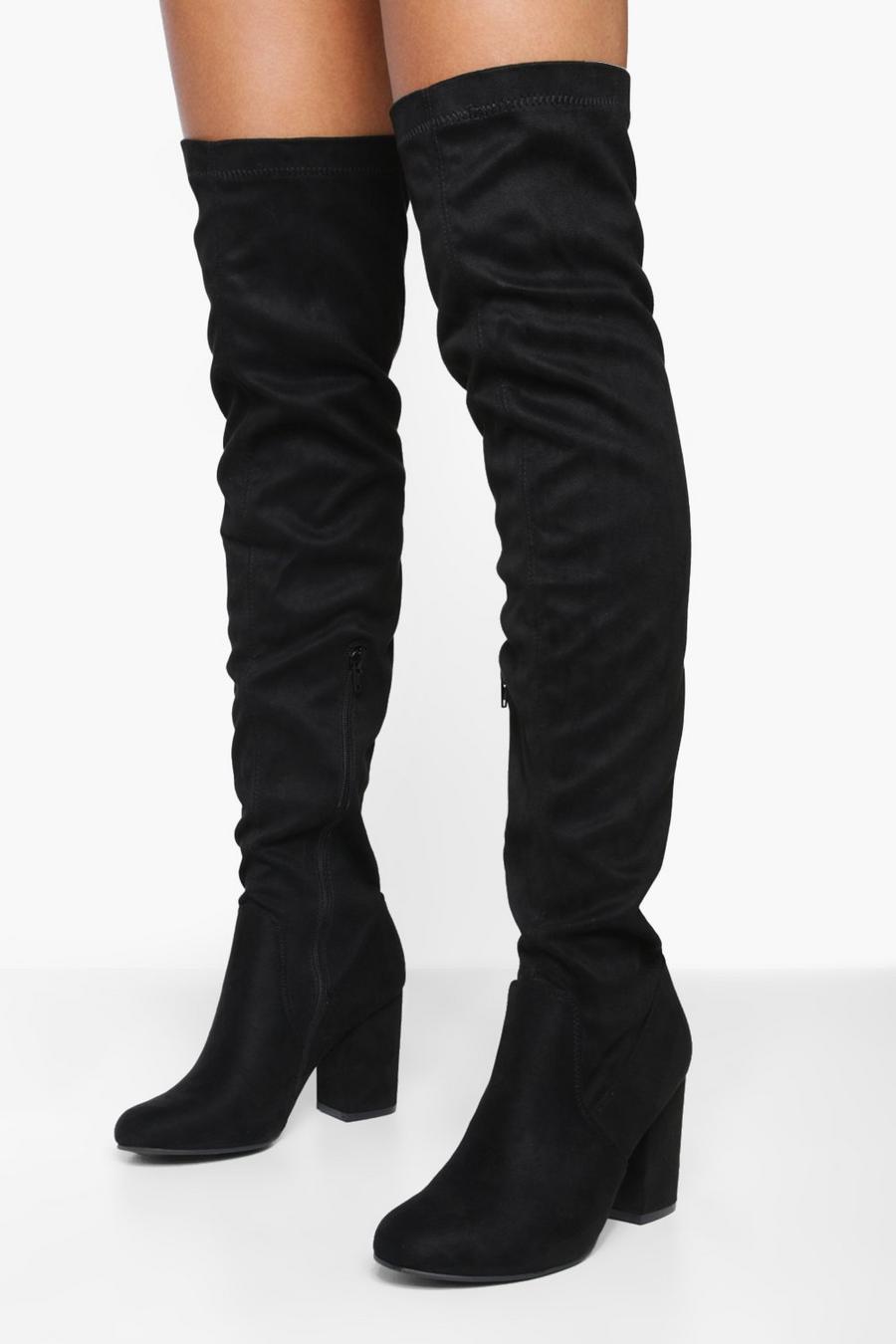 Black noir Eloise Block Heel Thigh High Boots