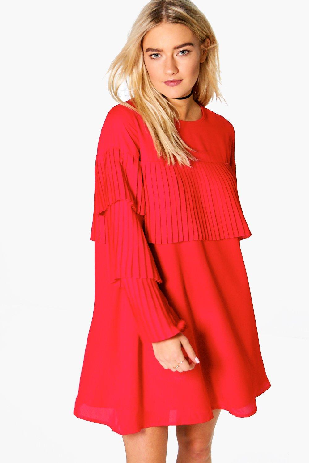 red frill detail pleated skater dress