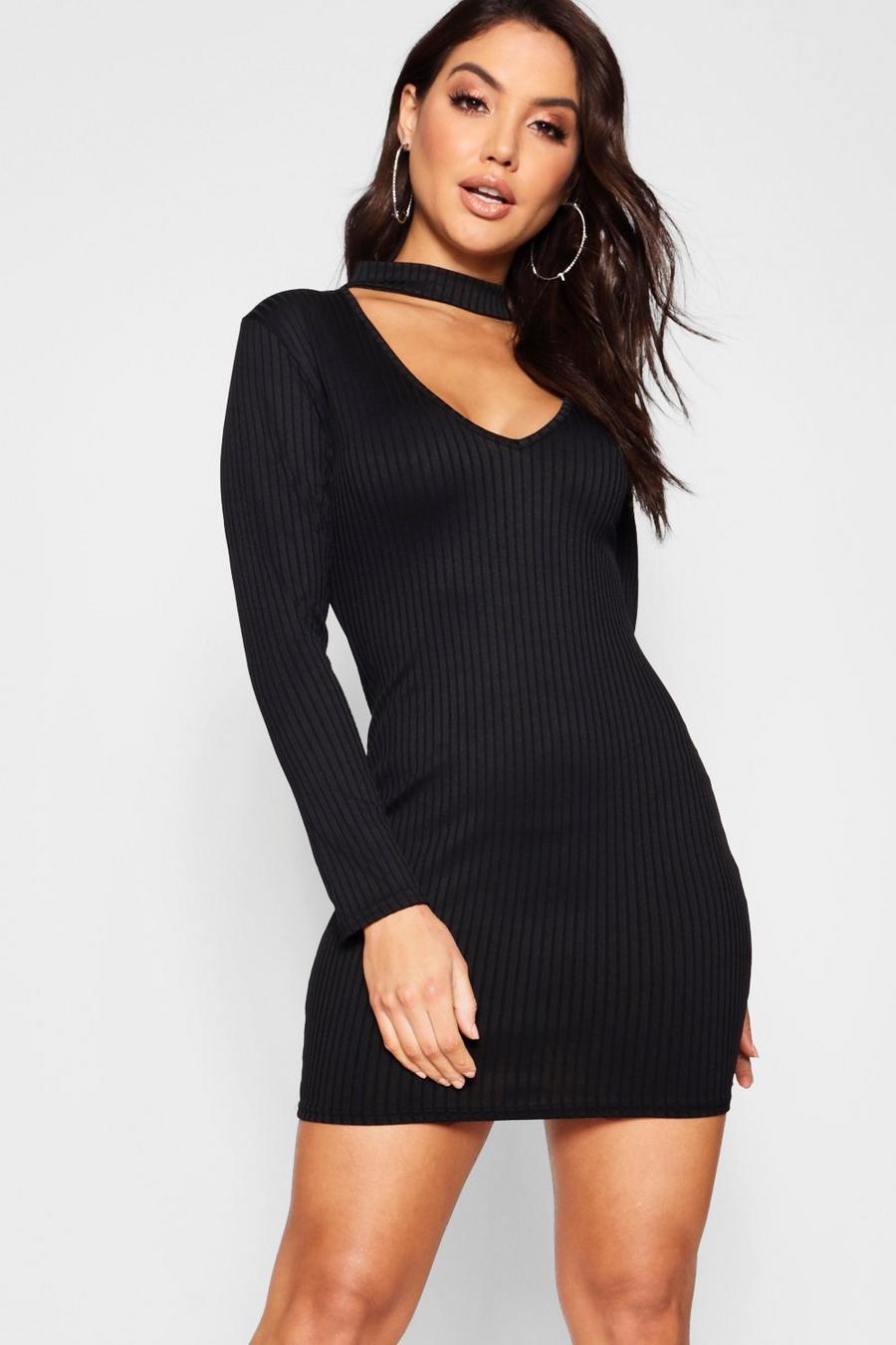 High Neck Plunge Ribbed Bodycon Dress image number 1