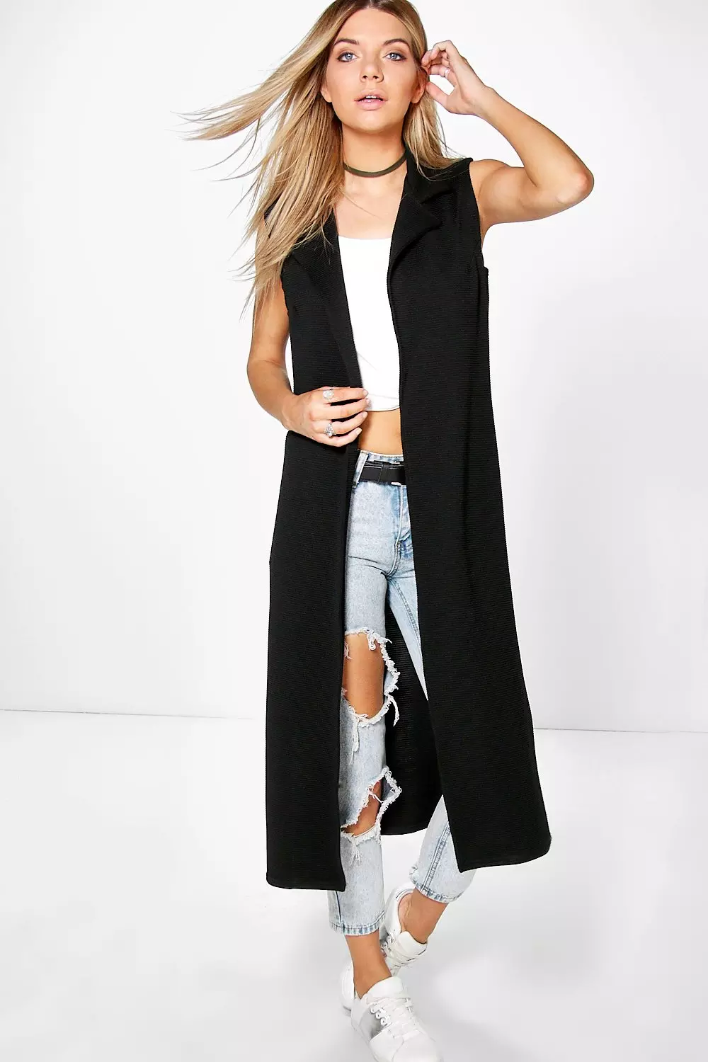 Black sleeveless shop duster cardigan