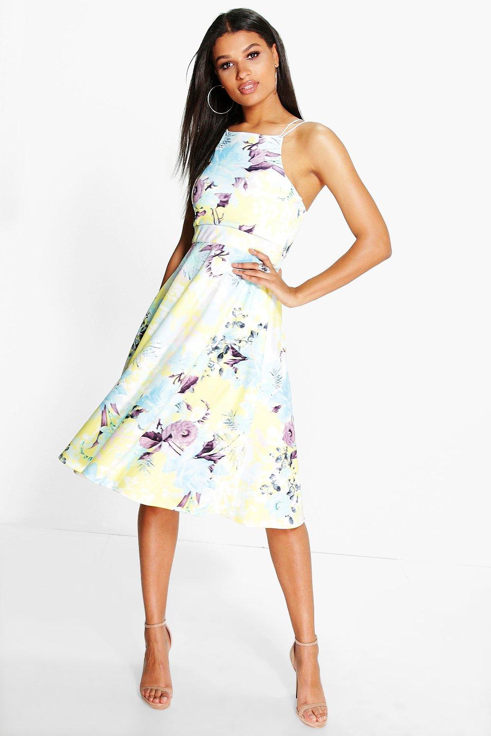 floral strappy midi skater dress