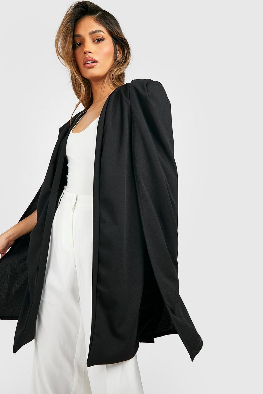 Veste légère longue style cape en tissu crêpe, Noir black