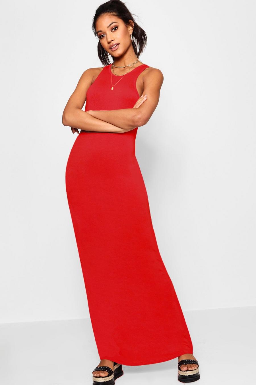 Red Basic Racer Front Maxi Dress