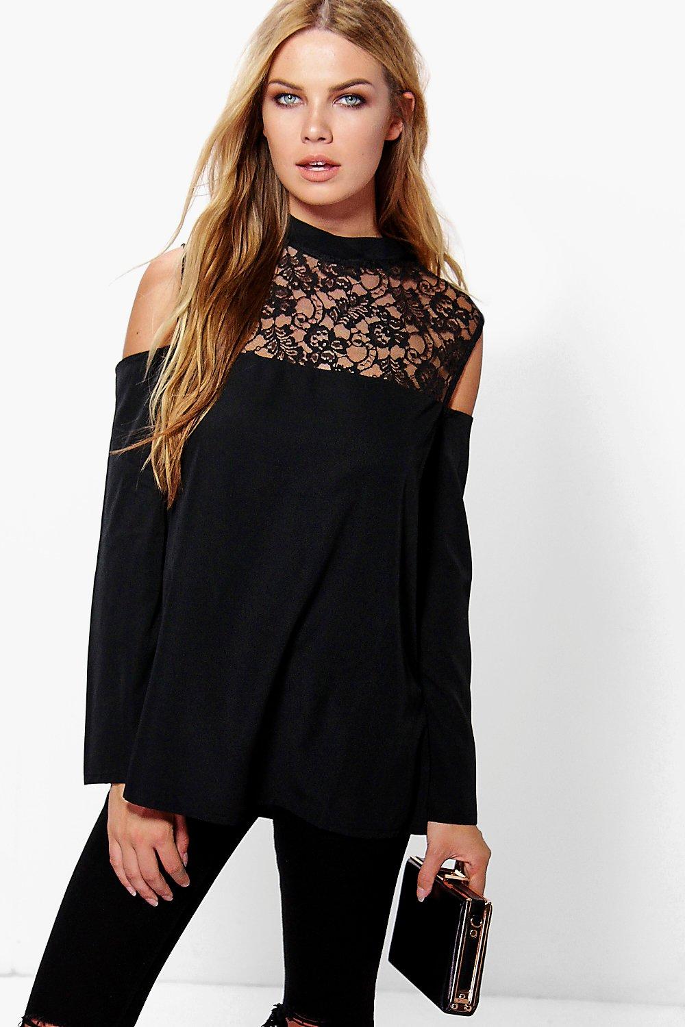 black high neck cold shoulder top