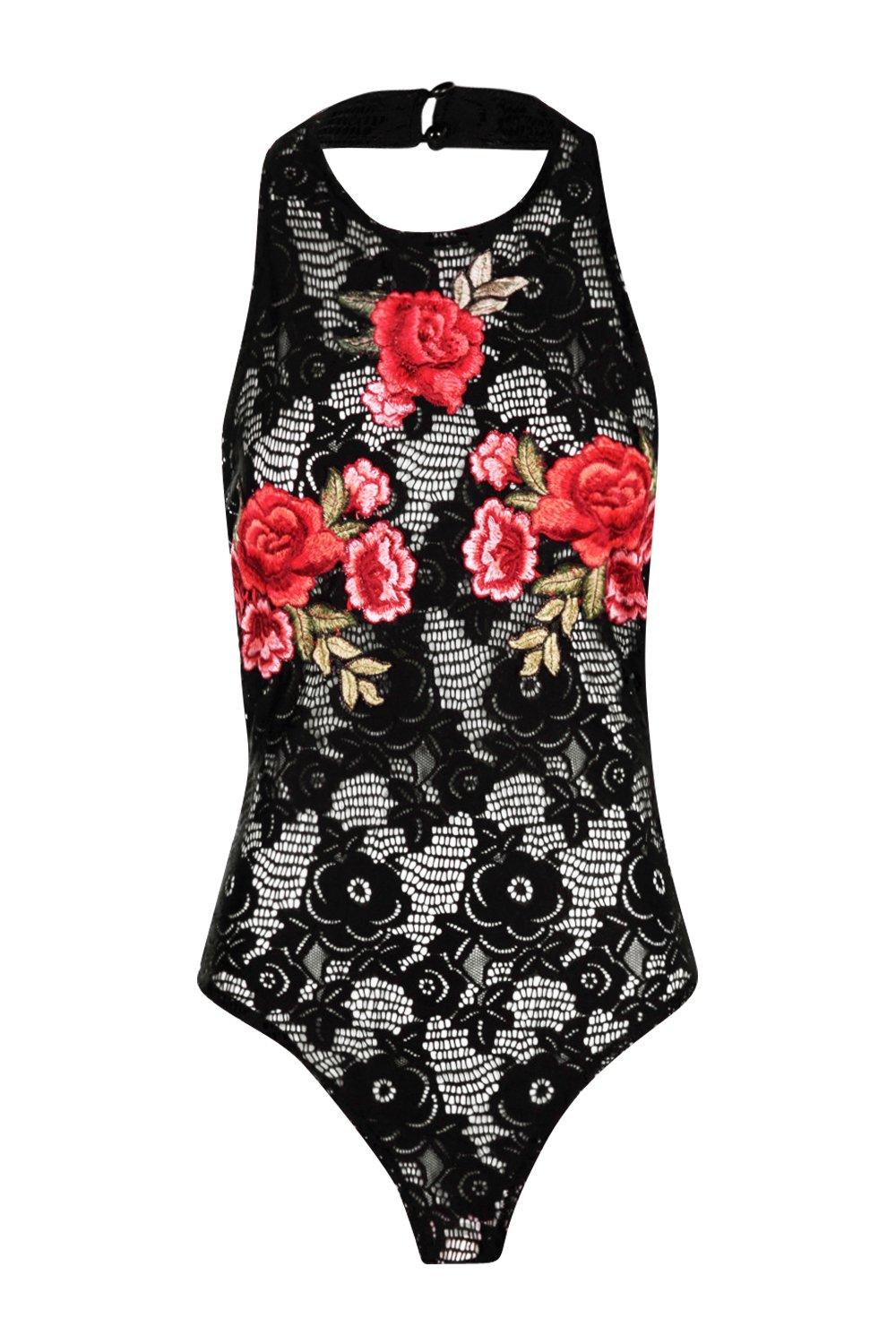 Embroidered Applique Lace Halterneck Bodysuit