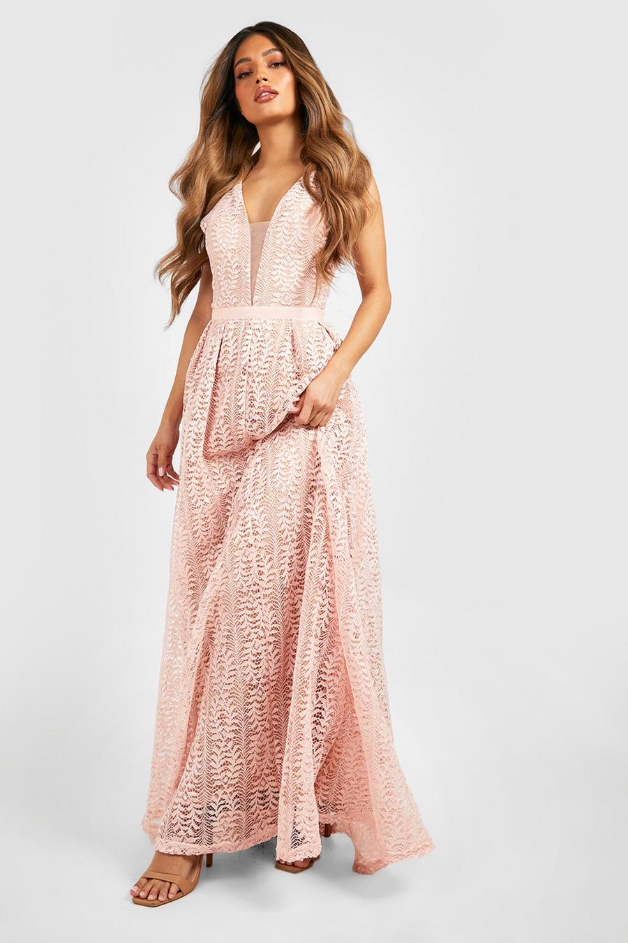 Boutique Brautjungfern-Kleid aus Spitze mit tiefem Ausschnitt, Rosa