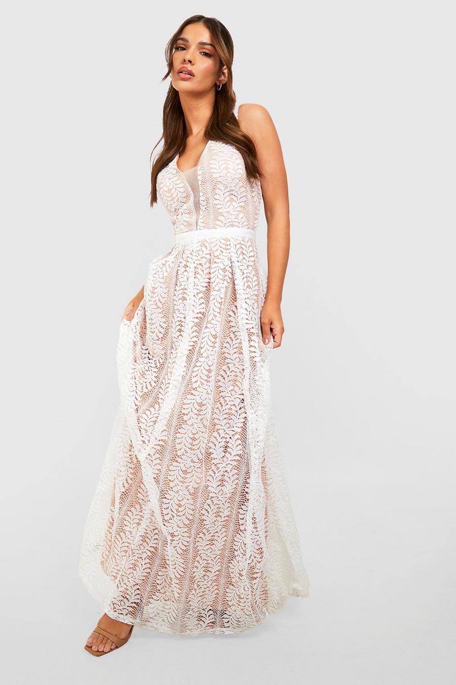 White bianco Boutique Lace Plunge Maxi Bridesmaid Dress