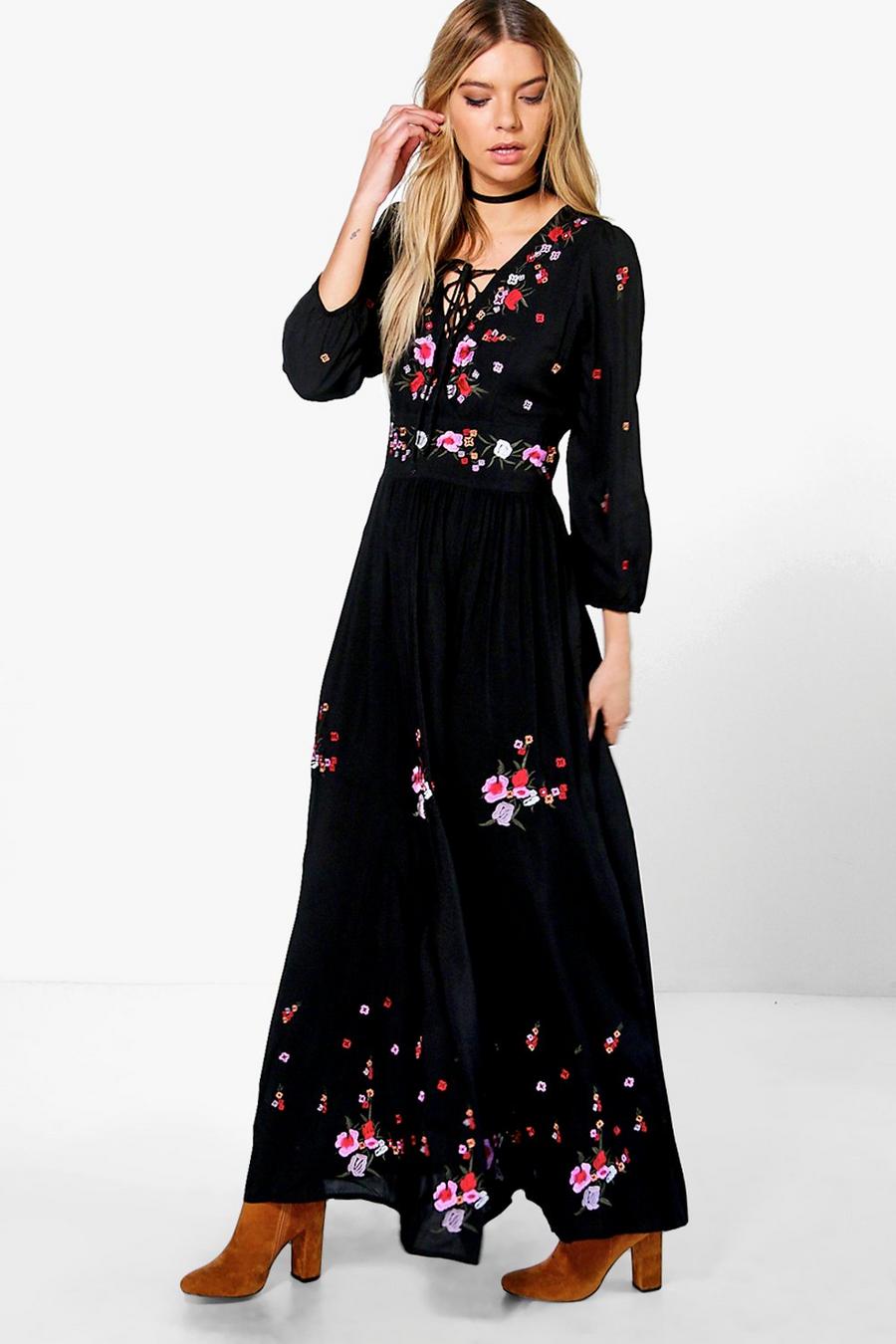 Boutique robe maxi brodée, Noir image number 1