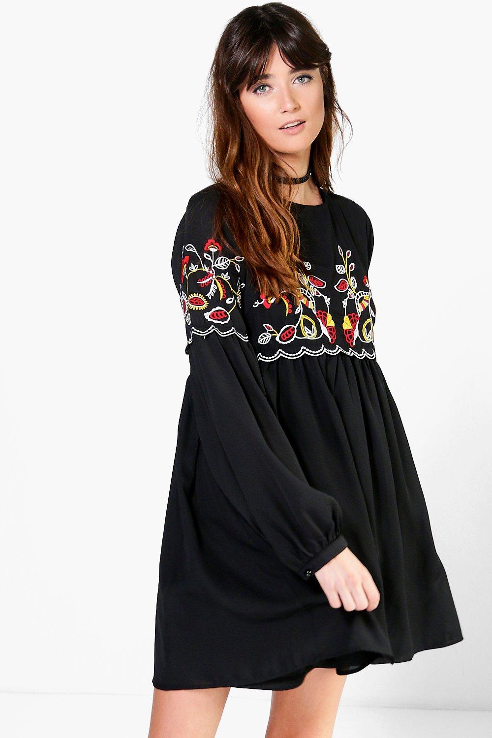 Black embroidered smock outlet dress