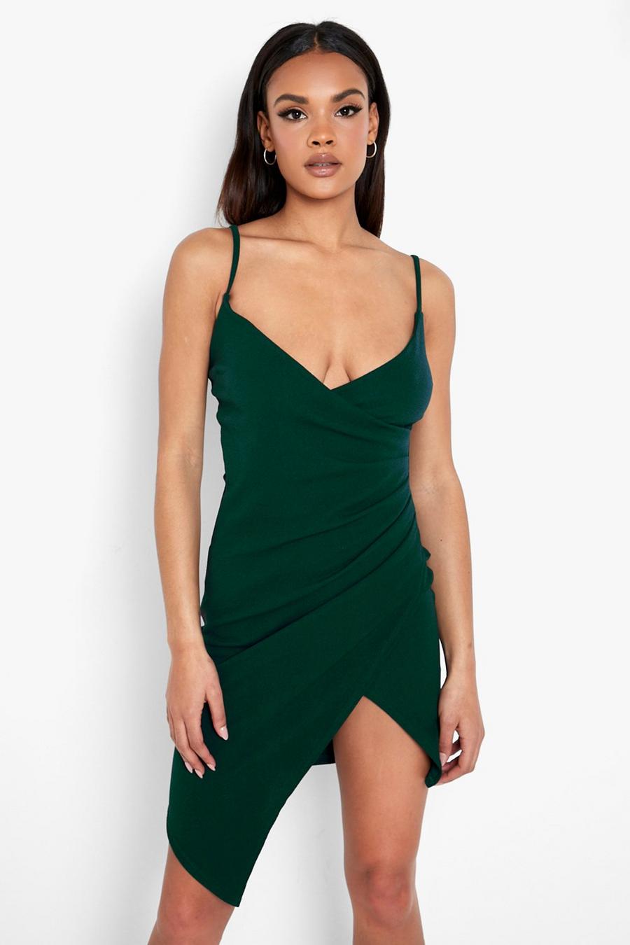 Bottle green Strappy Wrap Pleated Bodycon Midi Dress image number 1