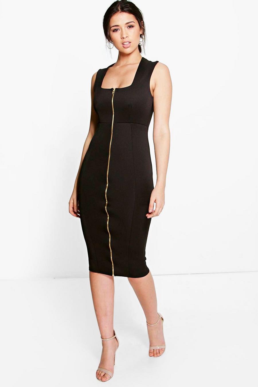 Black Sonia Square Neck Zip Front Bodycon Dress image number 1