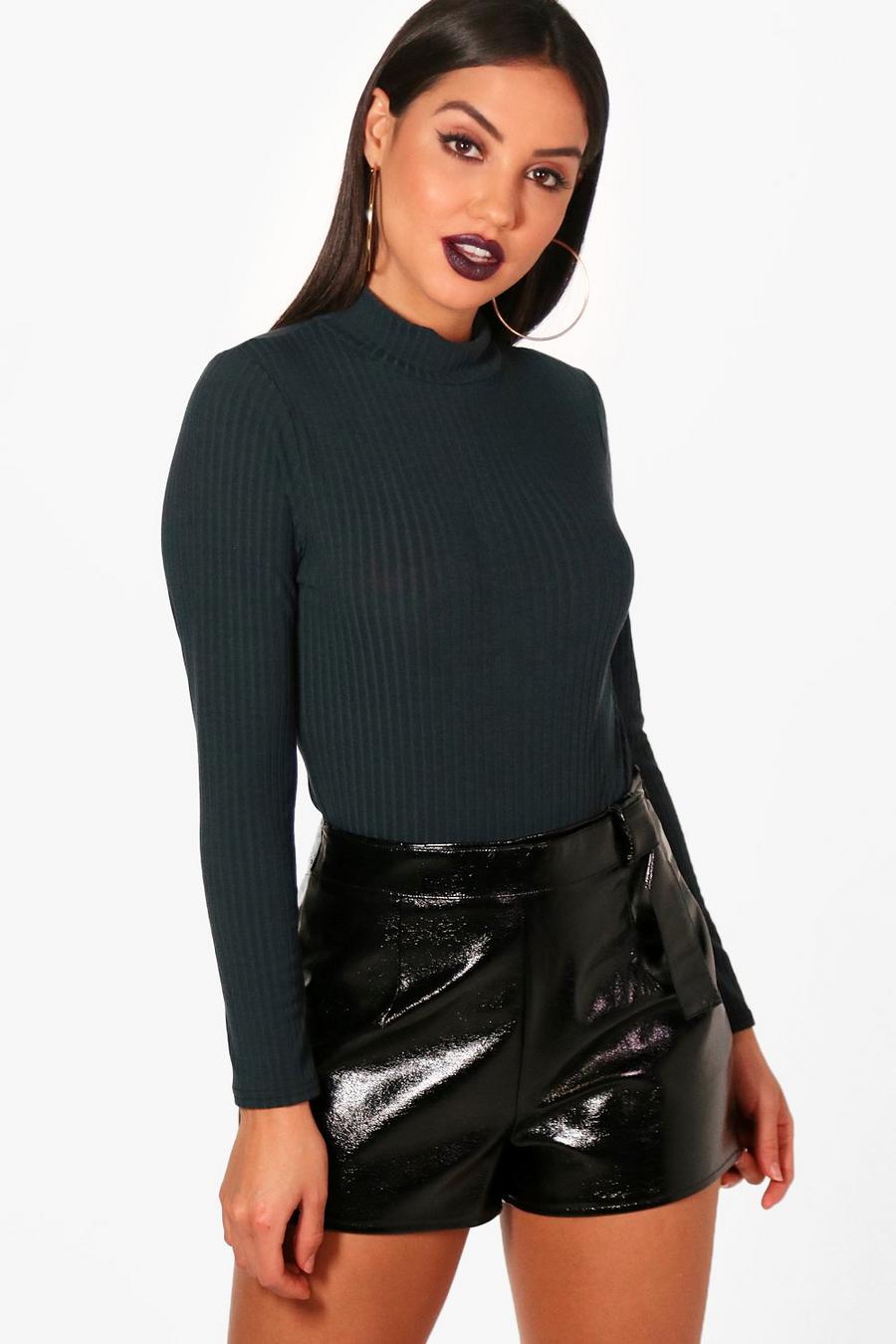 Charcoal Turtle Neck Long Sleeve Knitted Rib Bodysuit image number 1