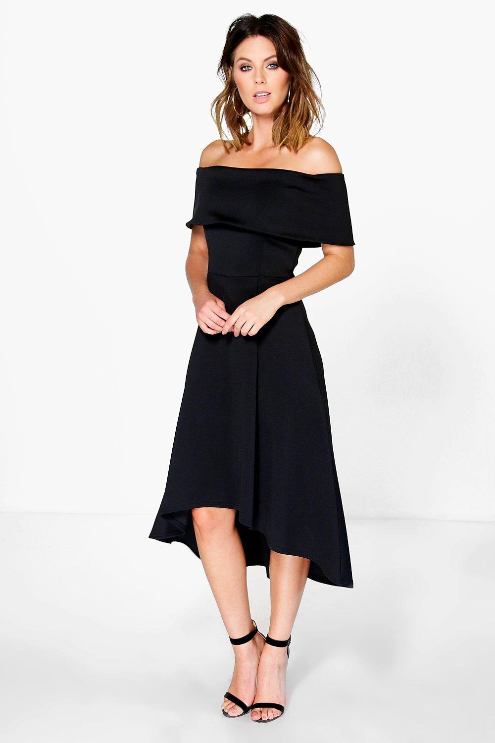 off the shoulder dip hem skater dress