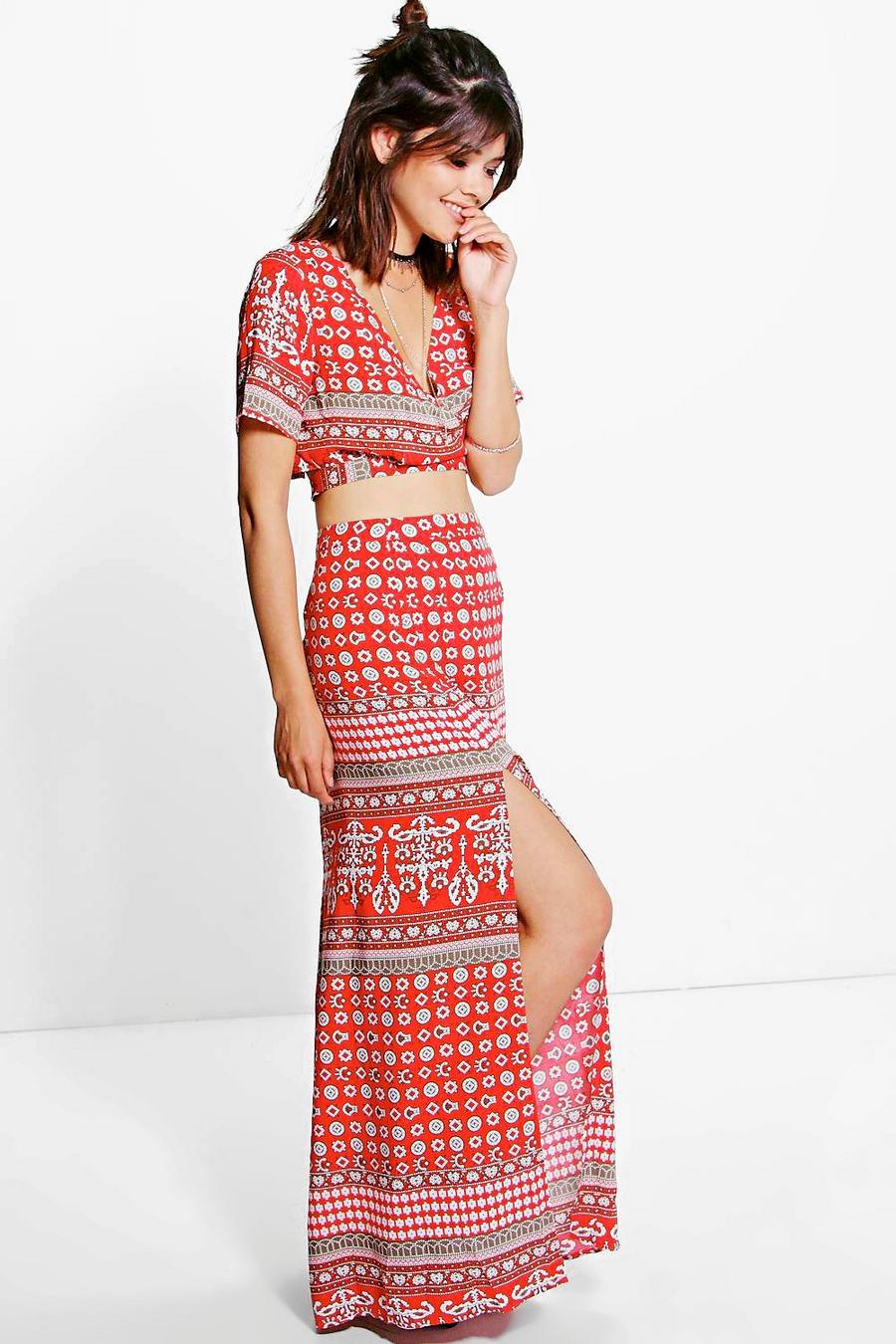 Red Wrap Tie Top & Maxi Skirt Co-Ord Set image number 1