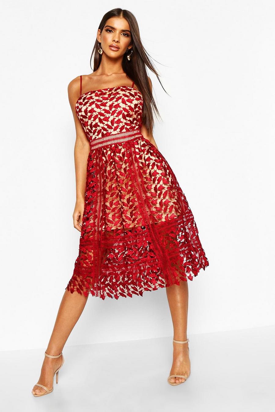 Berry Corded Lace Detail Midi Skater Dress image number 1