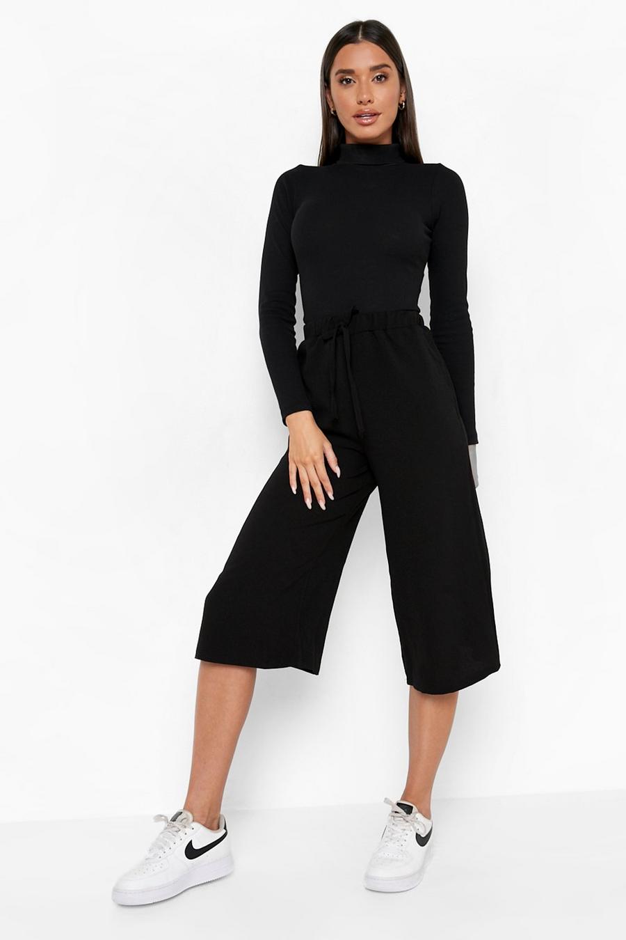 Black Basic Tie Waist Woven Crepe Culottes image number 1