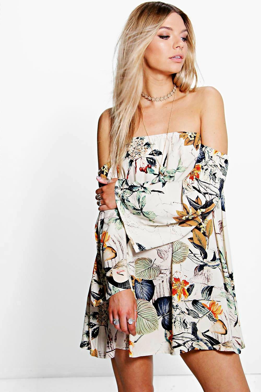 boohoo floral off the shoulder dress