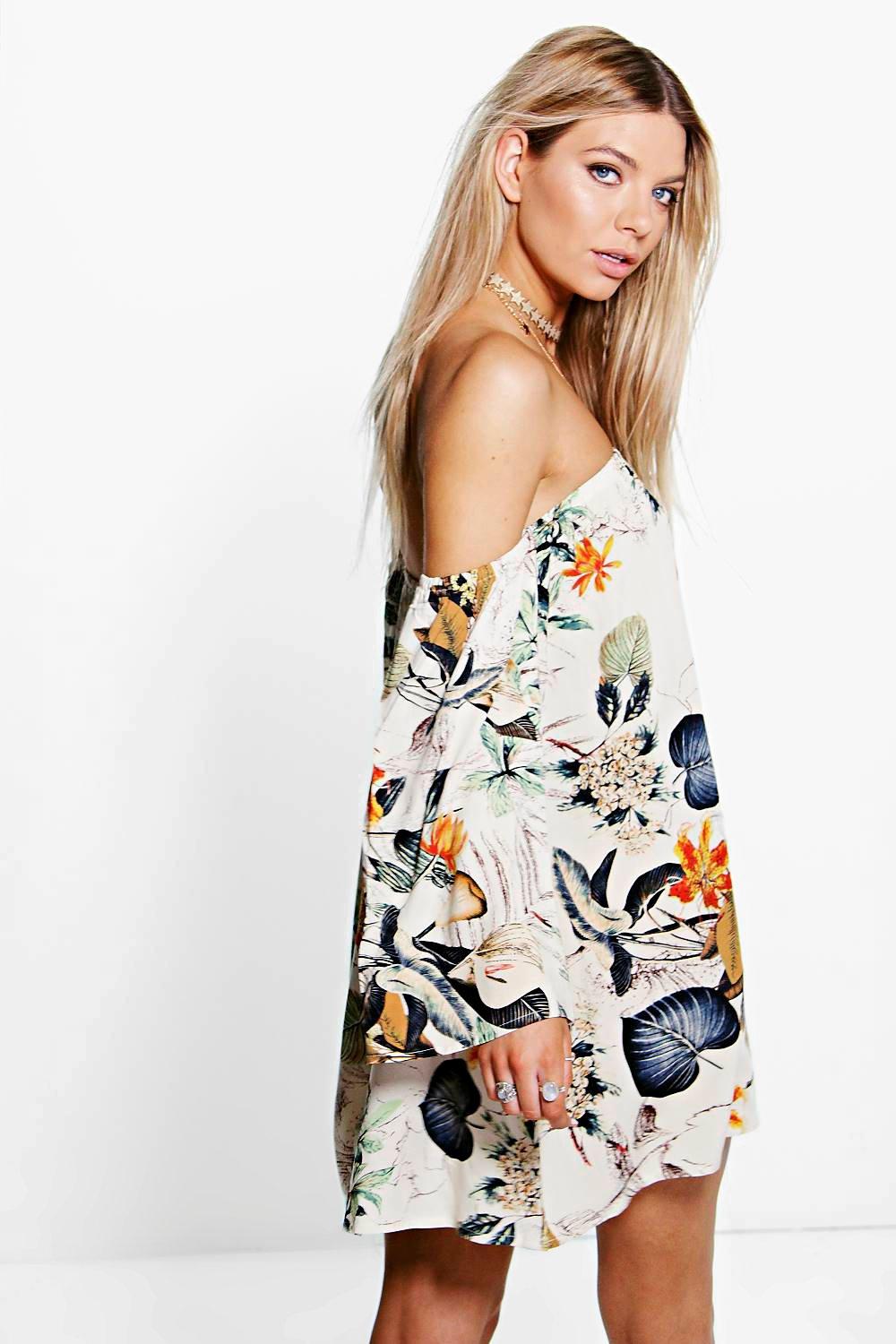 boohoo floral off the shoulder dress