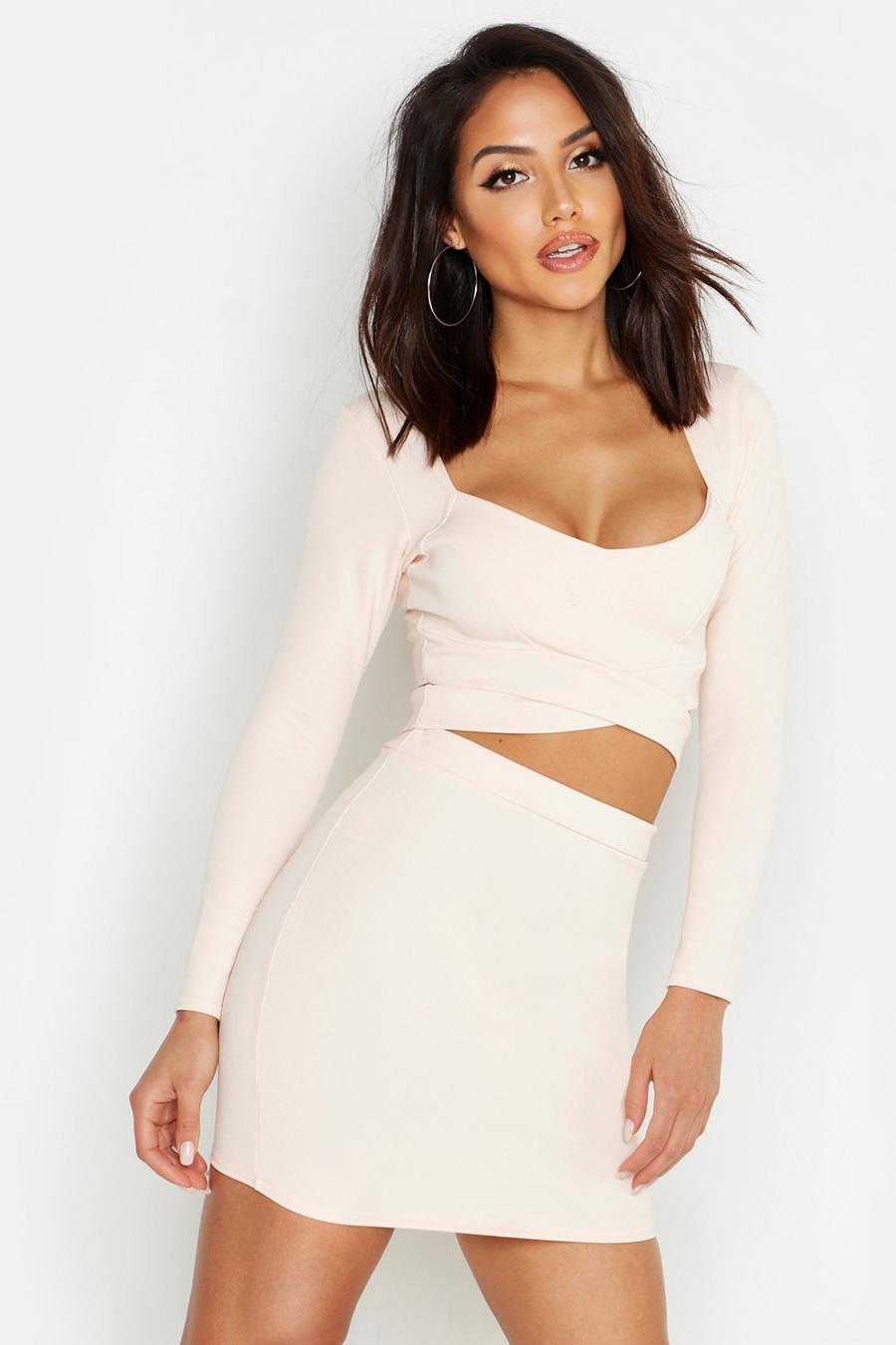 Nude Wrap Top And Mini Skirt Co-Ord Set image number 1