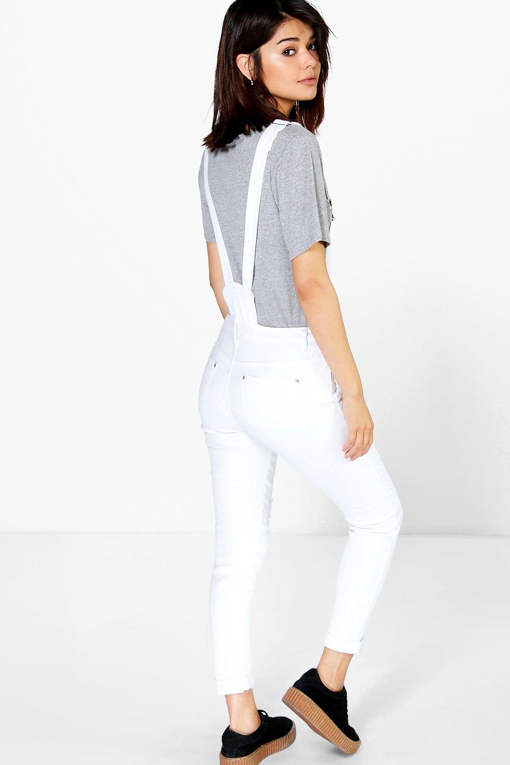 Womens white denim overalls sales