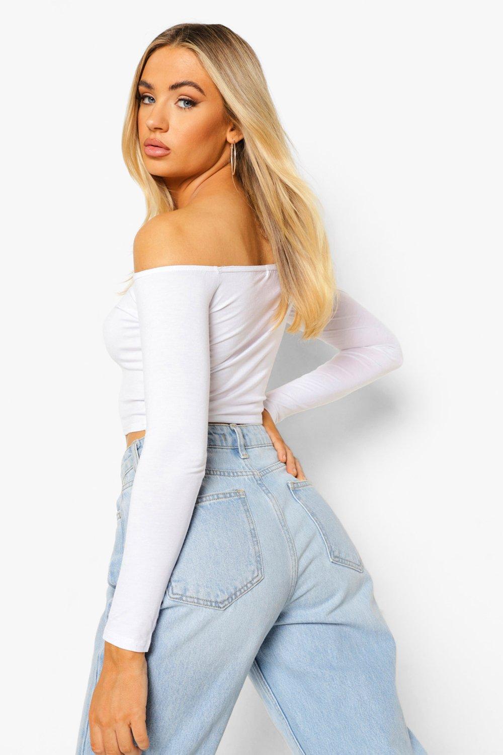 White bardot crop top long outlet sleeve