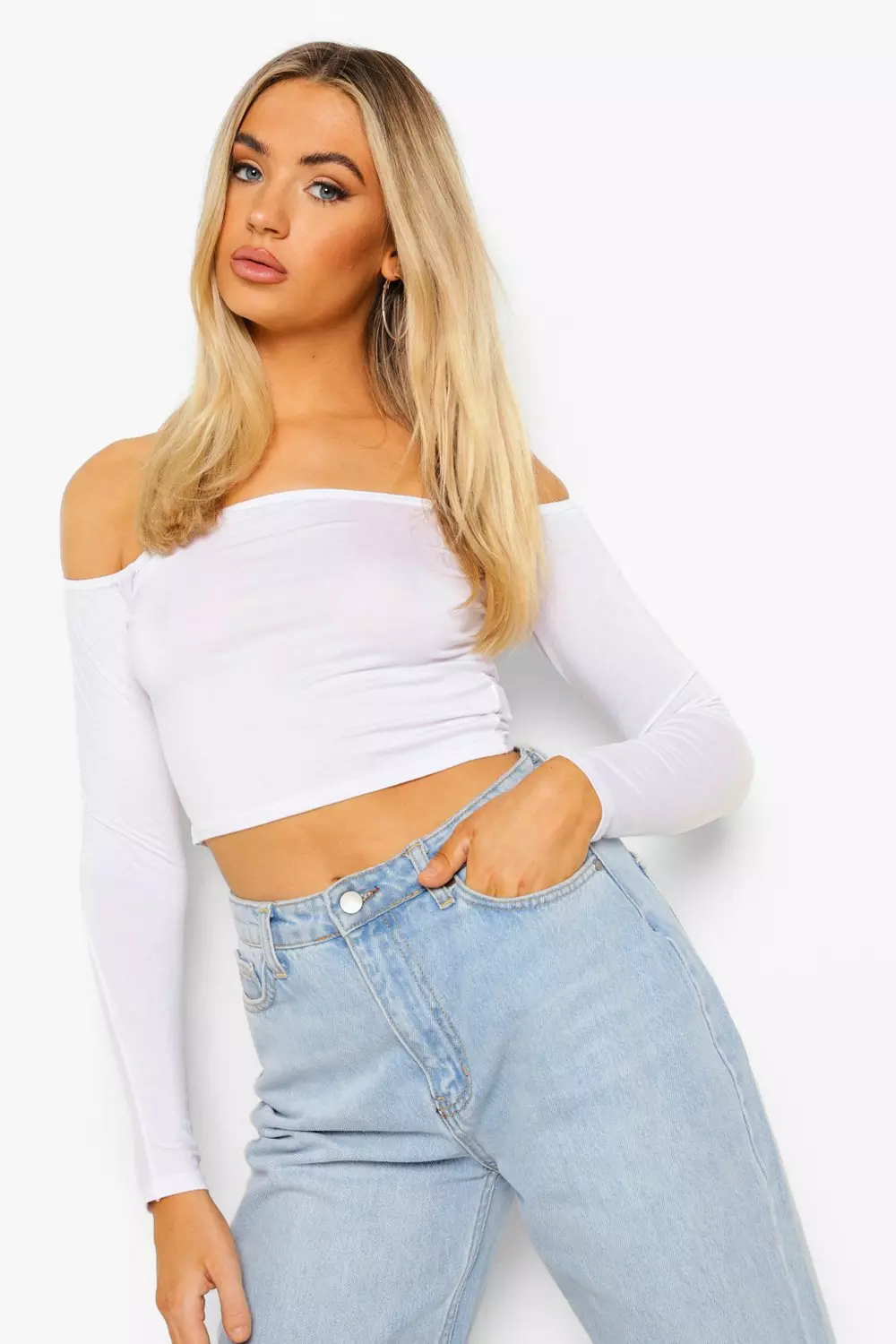 White long outlet sleeve bardot top