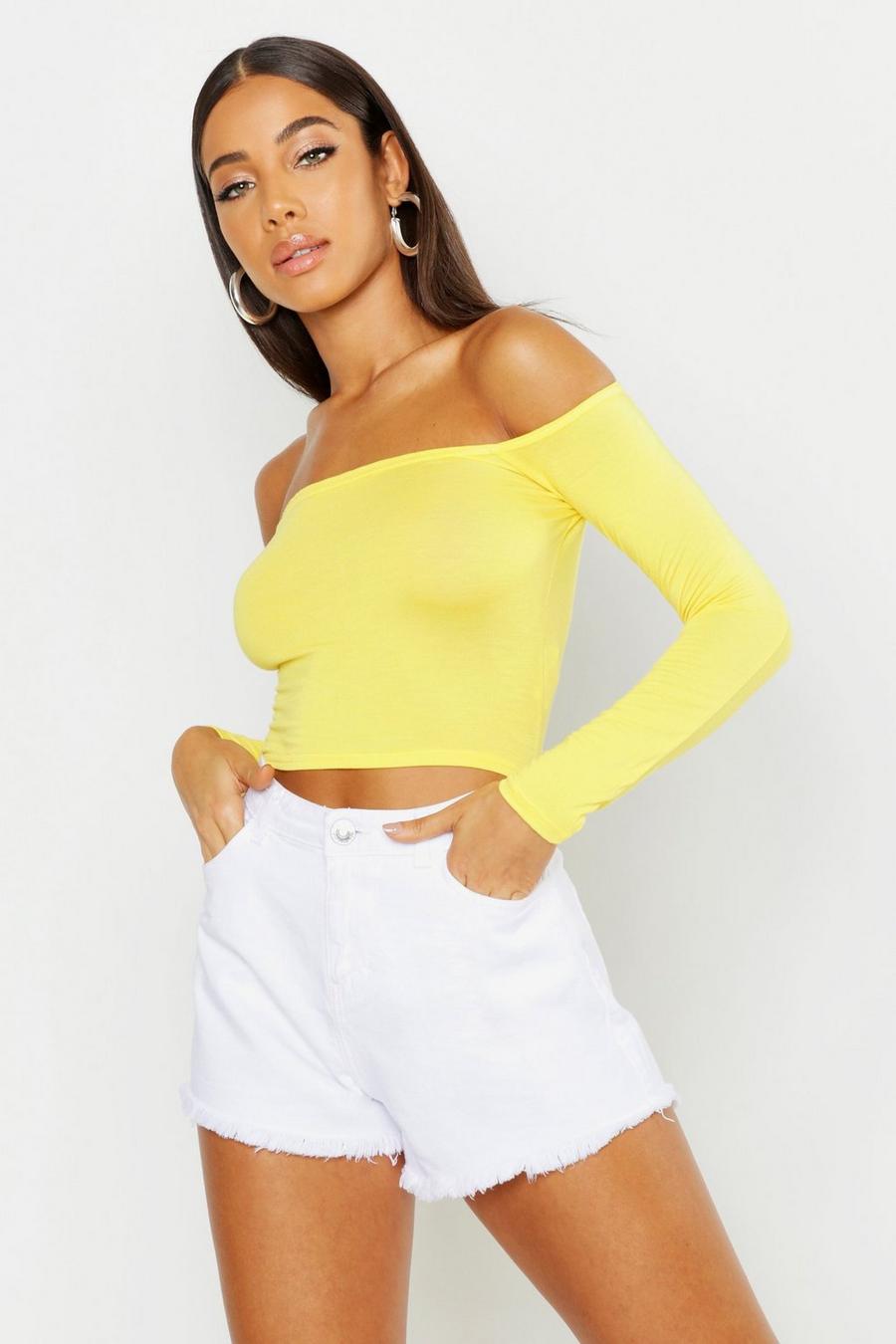 Yellow Basic Long Sleeve Off The Shoulder Crop Top image number 1