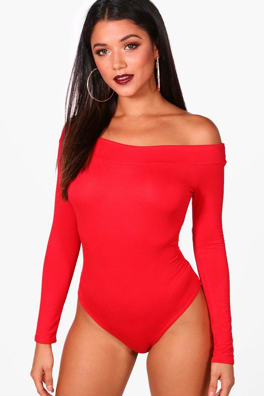 Red Basic Off The Shoulder Long Sleeve Bodysuit image number 1
