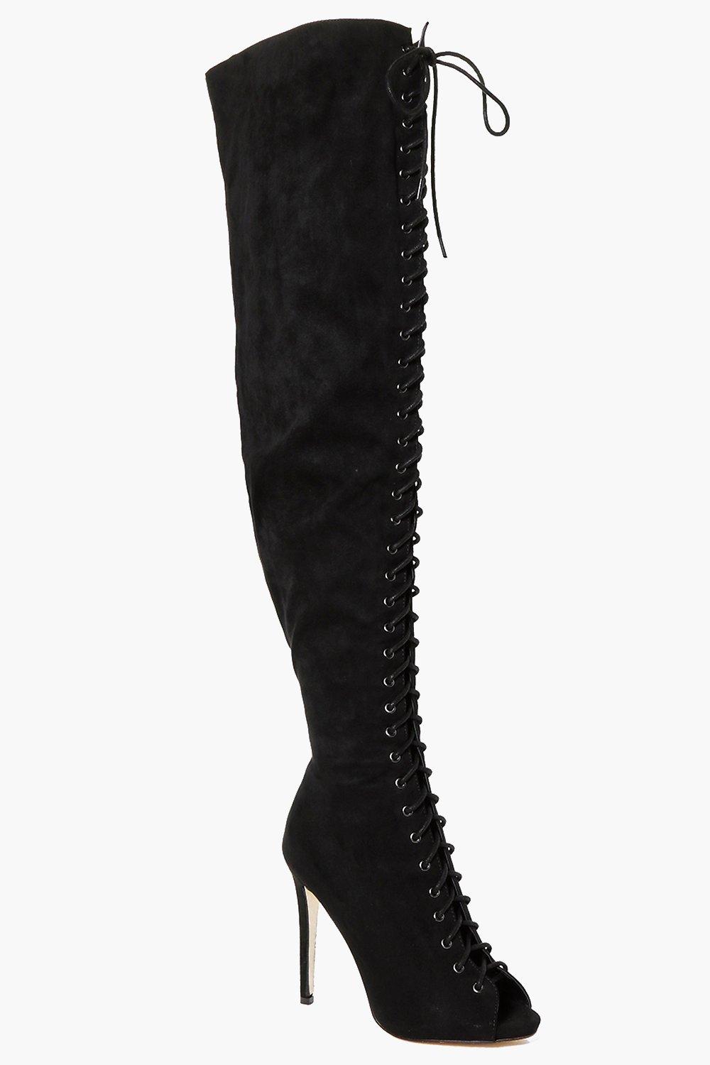 lace up peep toe thigh high boots