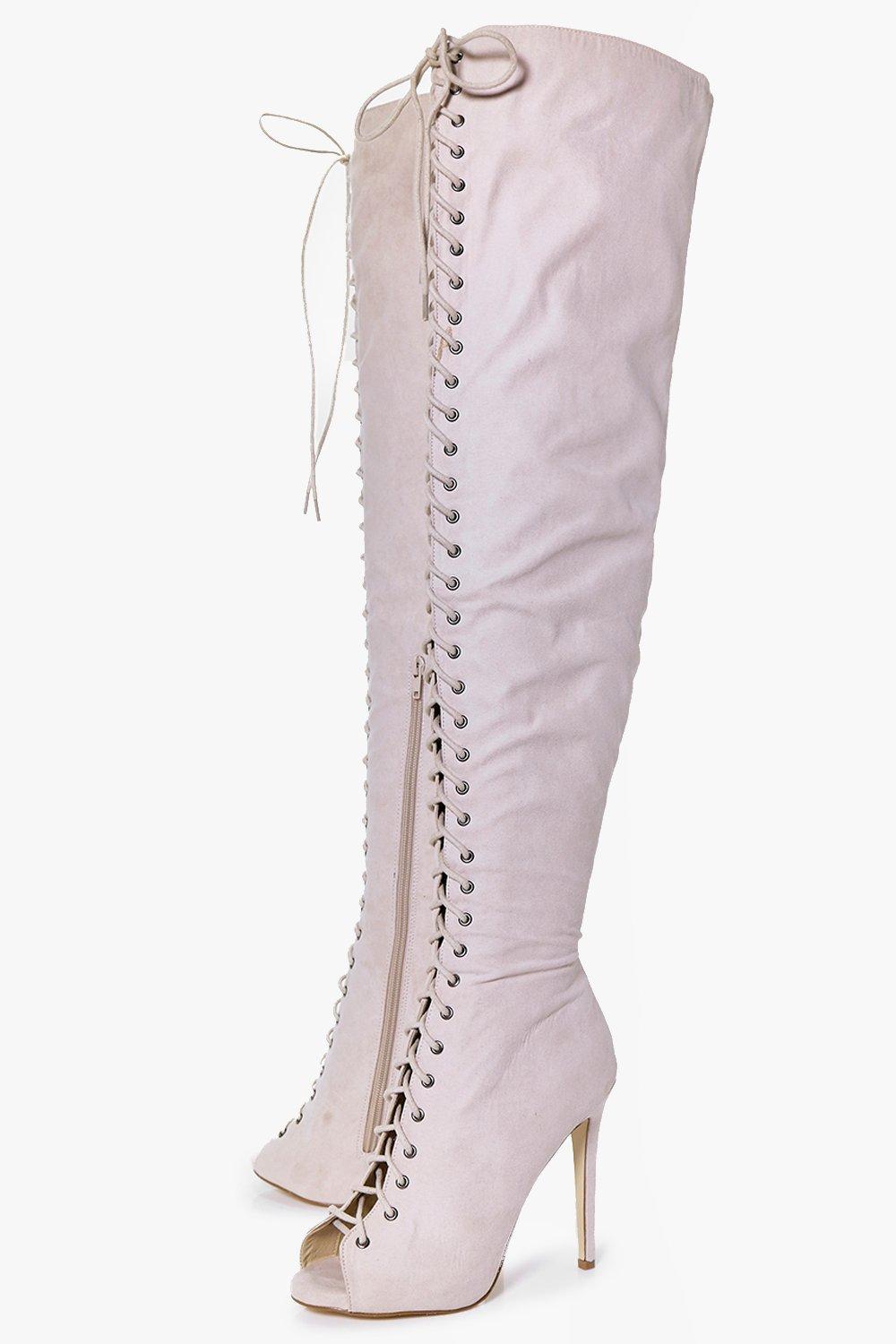 Open toe lace hot sale up knee high boots