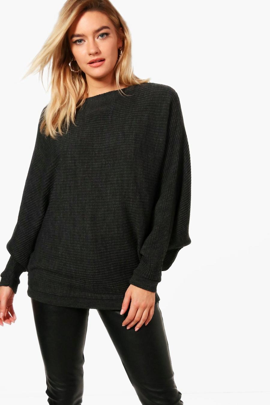 Charcoal Oversized Rib Knit Batwing Jumper image number 1