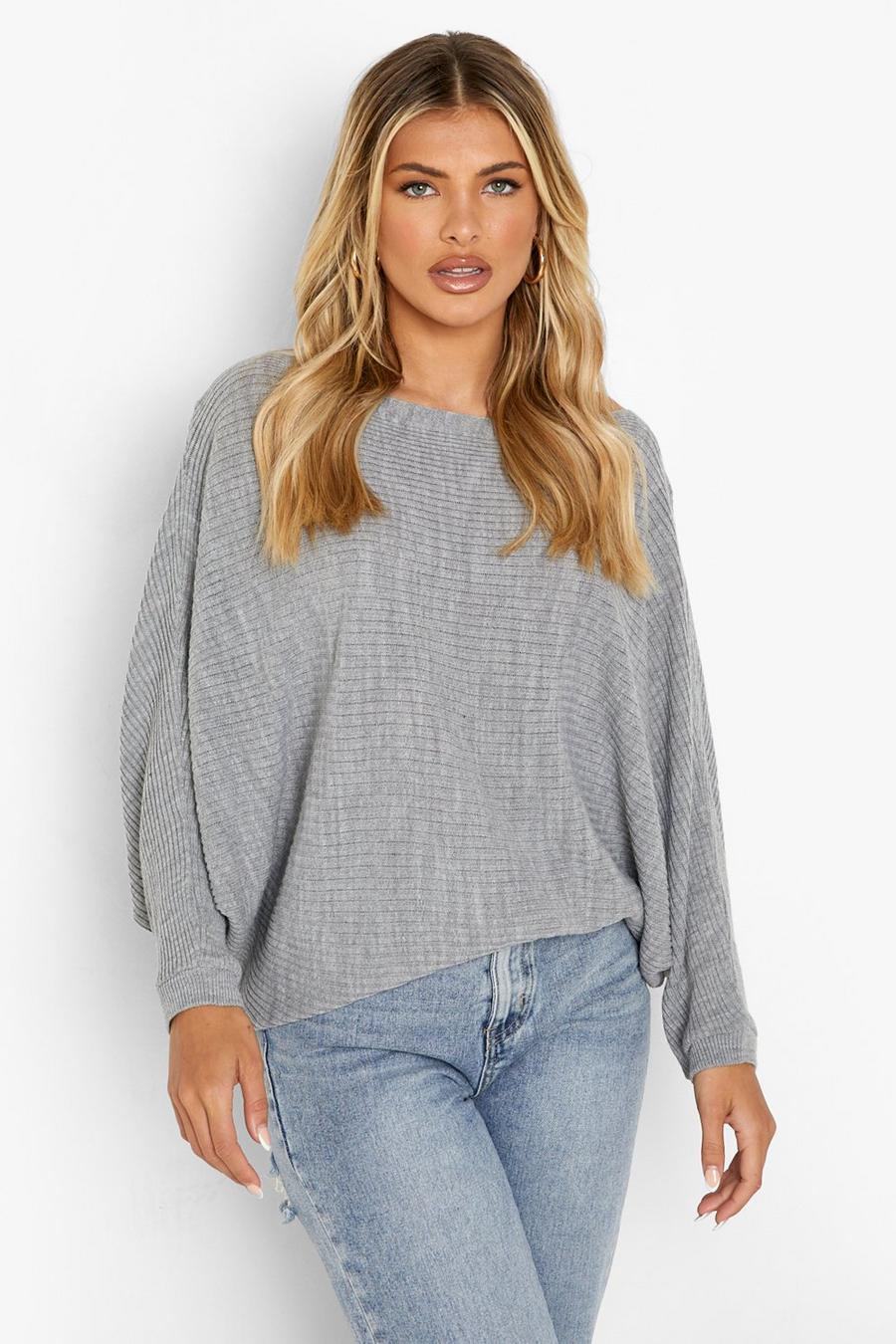 Silver Oversized Rib Knit Batwing Jumper image number 1