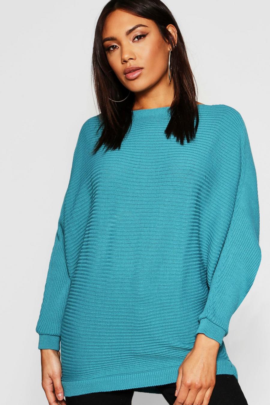 Teal Oversized Rib Knit Batwing Sweater image number 1